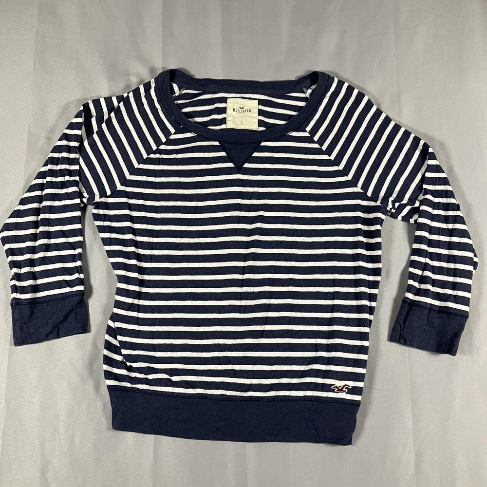 Hollister Shirt Juniors Large Blue White Stripe 3/4 Raglan‎ Tee Crew Neck Logo